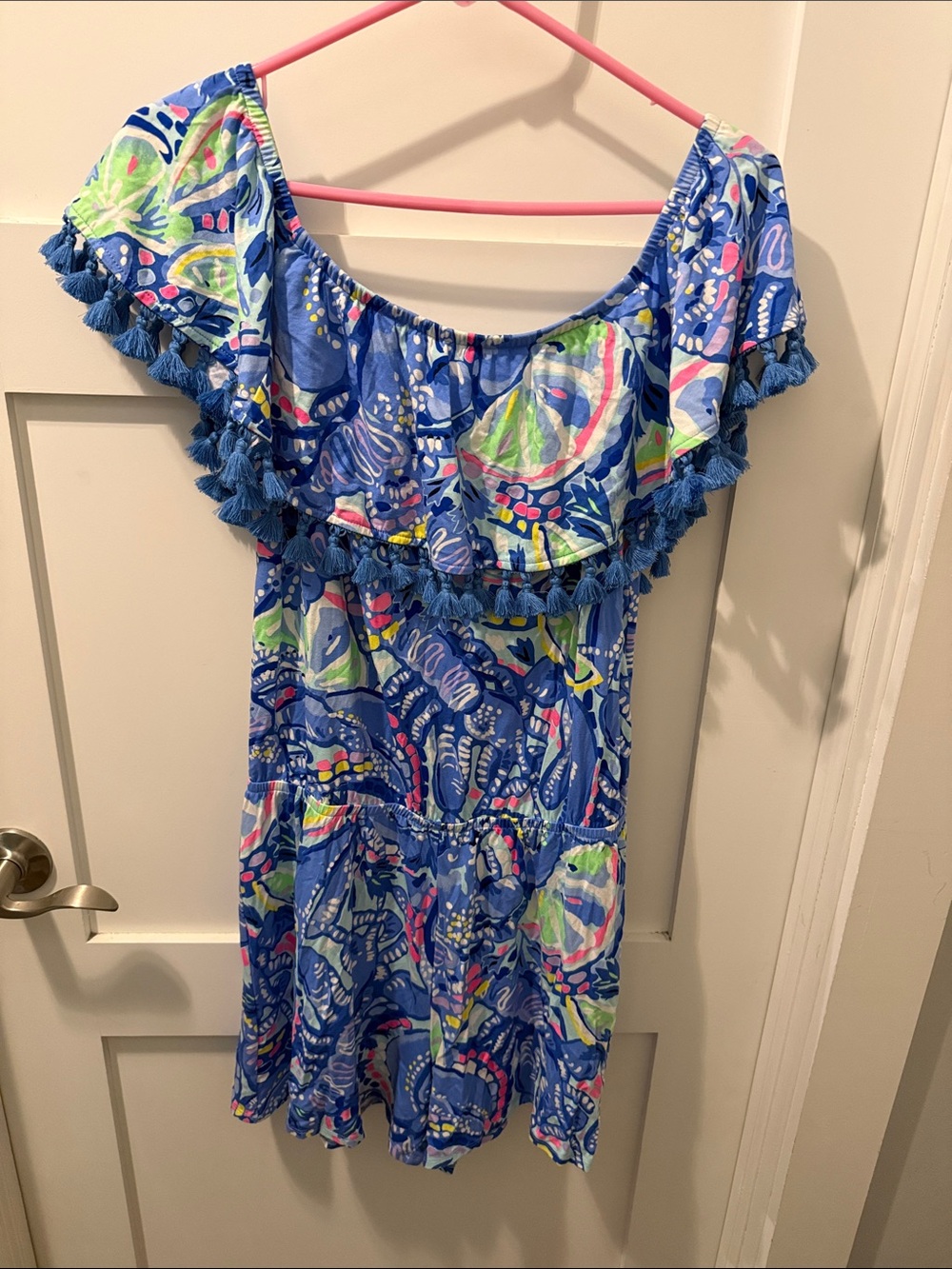 Lilly Pulitzer La Fortuna off-the-shoulder romper in the Blue Peri Pinch print M